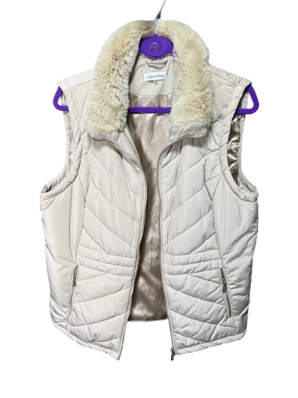 Calvin Klein Beige Gold Quilted Puffer Vest Faux Fur Collar Women's Size XL